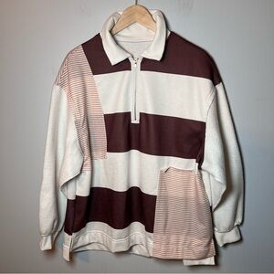 Patchwork-style Rugby Polo 1/4 Zip Collar Shirt Women’s XL Fleece Sleeves